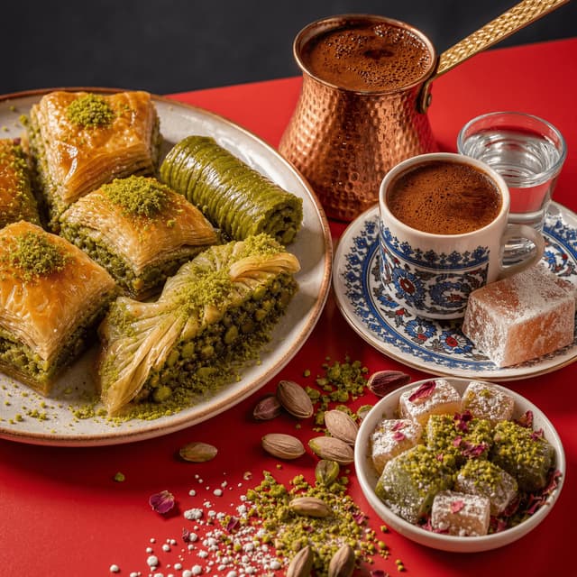 Turkish baklava pistachio layers turkish coffee cezve lokum delight red cafe brunch — baklava card photography