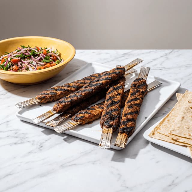 Adana kebab skewer char grilled sumac onions lavash bulgur pilav plate — adana kebab hero photography