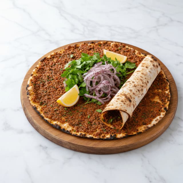 Lahmacun turkish thin crispy flatbread minced meat parsley lemon rolled plate — lahmacun hero photography