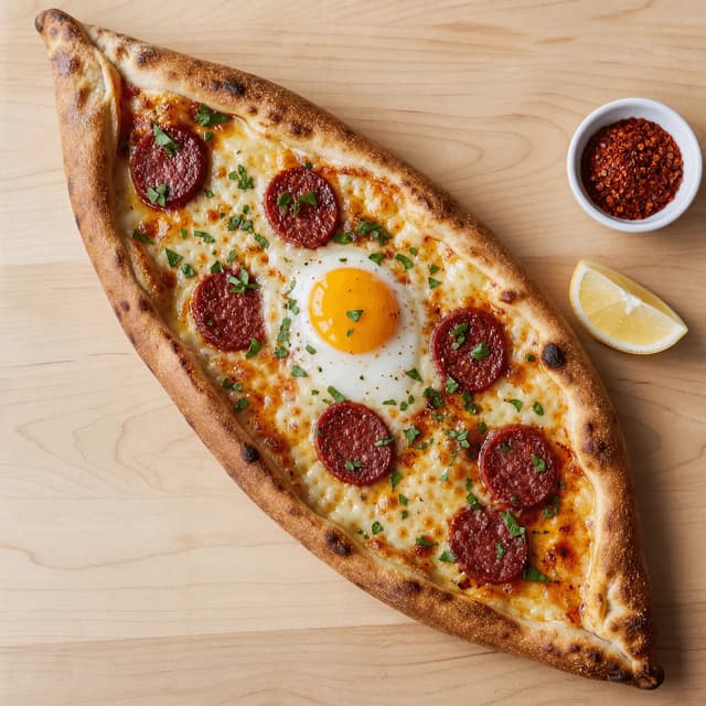 Pide turkish boat shaped flatbread cheese egg sucuk kashar overhead light wood — pide hero photography