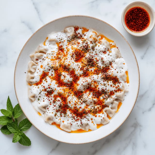 Manti turkish tiny dumplings yogurt garlic sauce red pepper butter sumac mint overhead bowl — manti hero photography