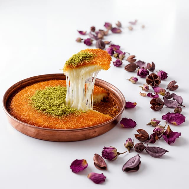 Kunefe turkish cheese kataifi pastry syrup pistachio crumb copper pan cheese pull dessert — kunefe hero photography