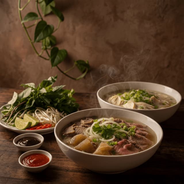 Pho bowls vietnamese beef noodle soup steam marrow brisket tendon herbs dark rustic — pho card photography