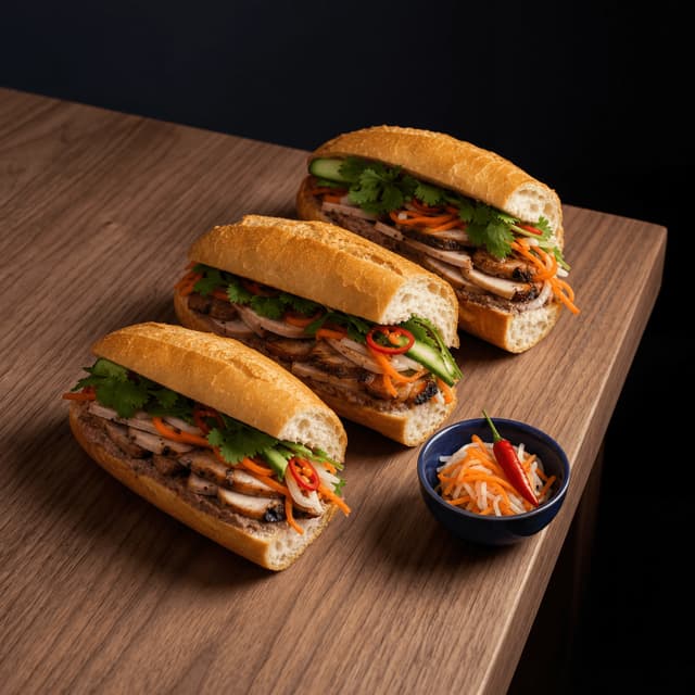 Banh mi vietnamese baguette sandwiches cross section pate pork pickles cilantro dark walnut board — banh mi card photography
