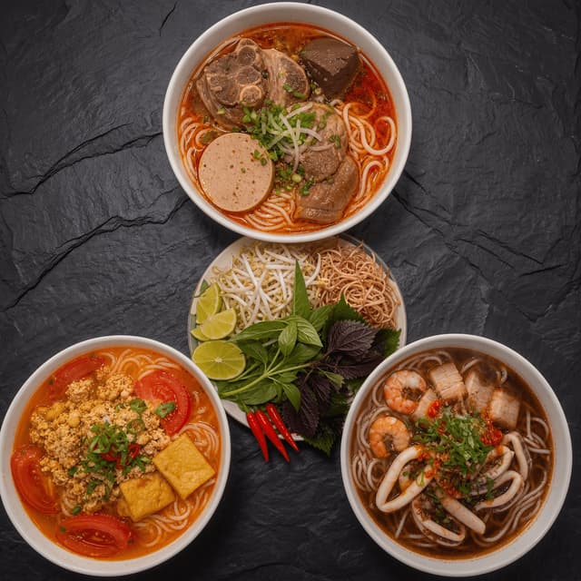 Bun bo hue bun rieu spicy vietnamese soups lemongrass chili oil overhead slate — bun bo hue card photography