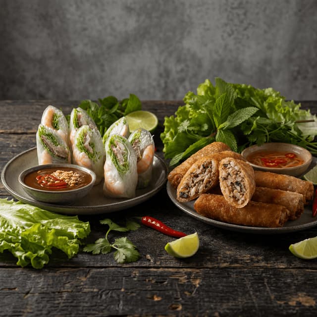Vietnamese spring rolls goi cuon cha gio fresh fried rice paper peanut dip dark monolith — spring rolls card photography