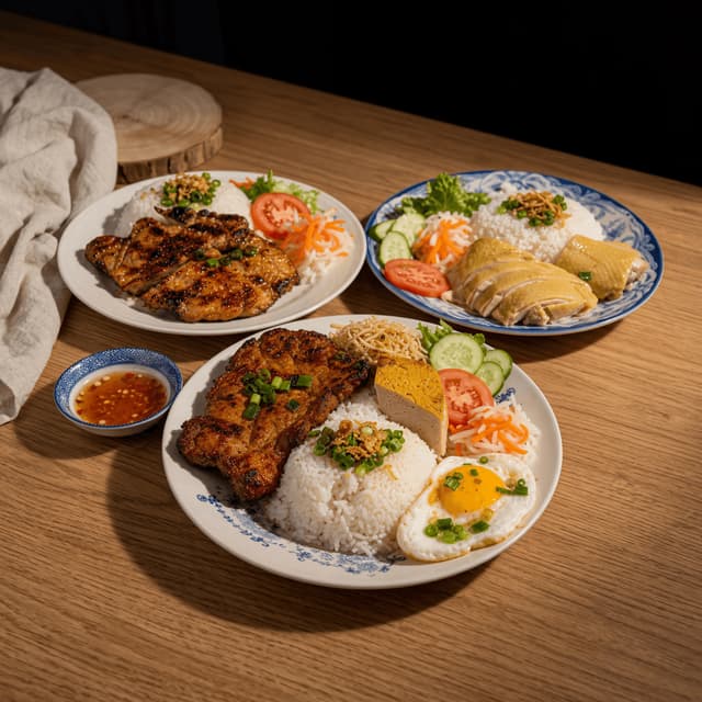 Com tam vietnamese broken rice grilled pork chop egg scallion oil rice plates cozy warm wood — com tam card photography