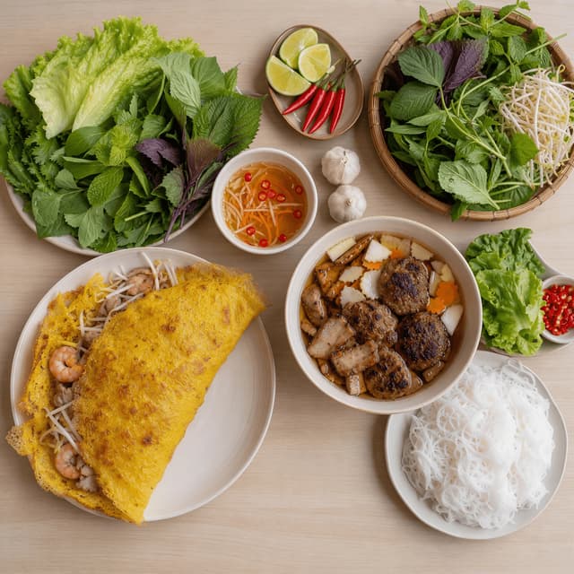 Banh xeo bun cha vietnamese turmeric crepe grilled pork noodles herbs overhead light wood — banh xeo bun cha card photography