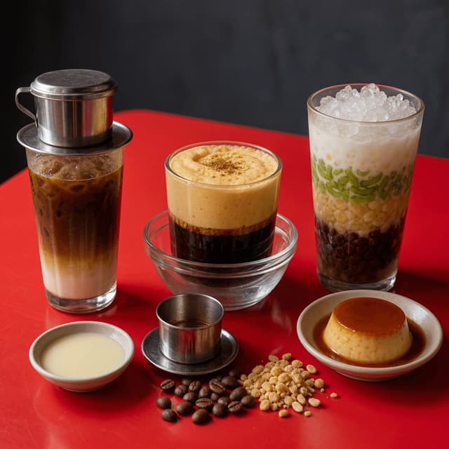 Vietnamese coffee sweets ca phe sua da egg coffee che condensed milk red cafe brunch — coffee sweets card photography