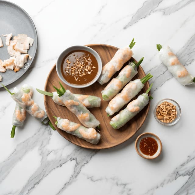 Goi cuon vietnamese fresh spring rolls translucent rice paper shrimp herbs peanut hoisin dip overhead — spring rolls hero photography