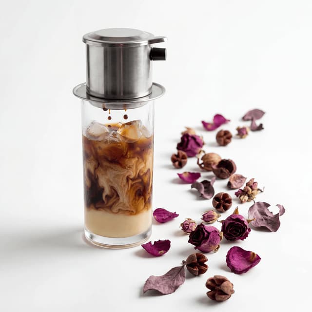 Ca phe sua da vietnamese iced coffee phin filter condensed milk dripping tall glass layered — vietnamese coffee hero photography