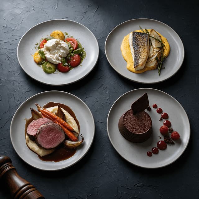 Four different plated wedding courses shot from directly above together on a dark textured plaster surface