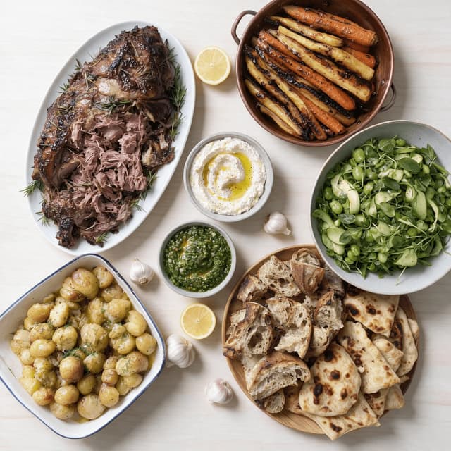 Overhead view of a long family style sharing table spread with roast platters salads and breads
