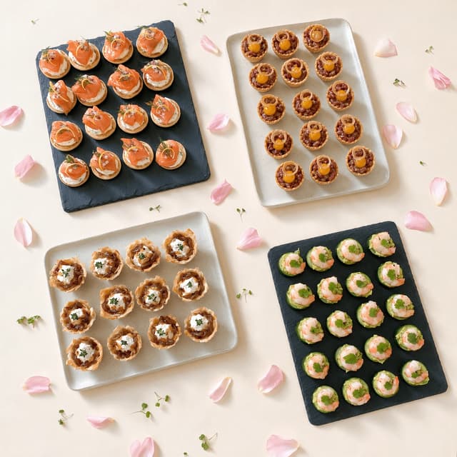 Overhead view of several canape trays with assorted reception bites and scattered blush petals on cream paper