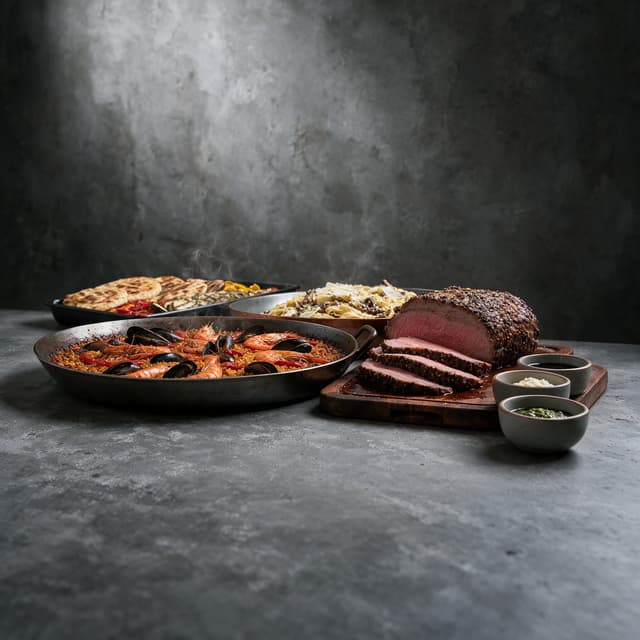 Low angle view of a live catering station line with a paella pan a carvery joint and a pasta pan