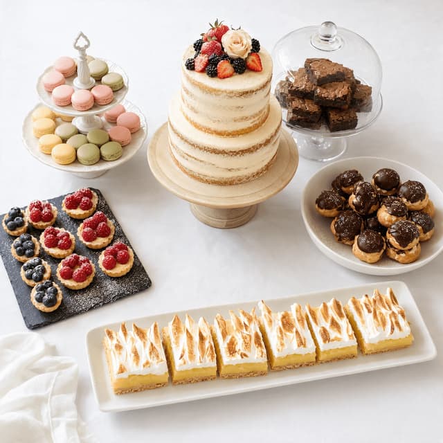 Wedding dessert table spread with a tiered cake mini tarts macarons and choux buns on white linen