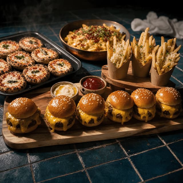 Late night catering spread of mini sliders loaded fries mini pizzas and paper cones on a wood board
