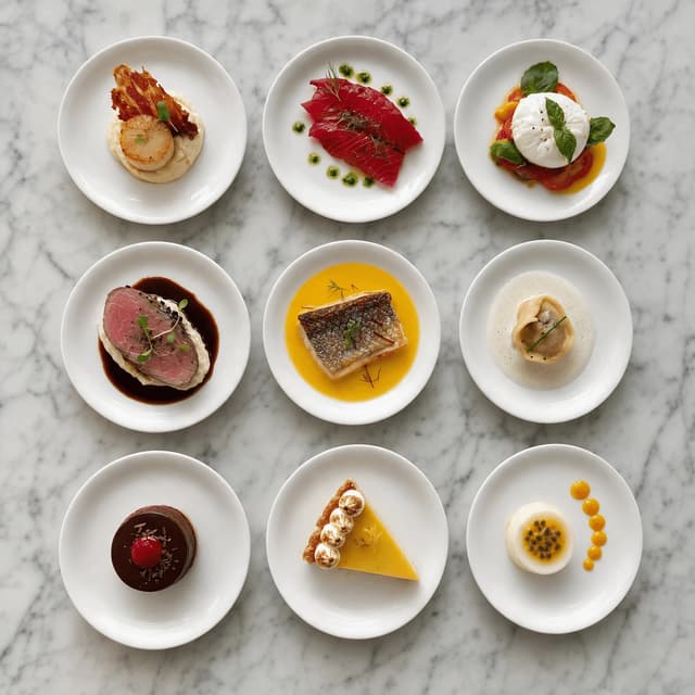 Overhead grid of small tasting menu portions arranged in even rows on a clean pale marble surface