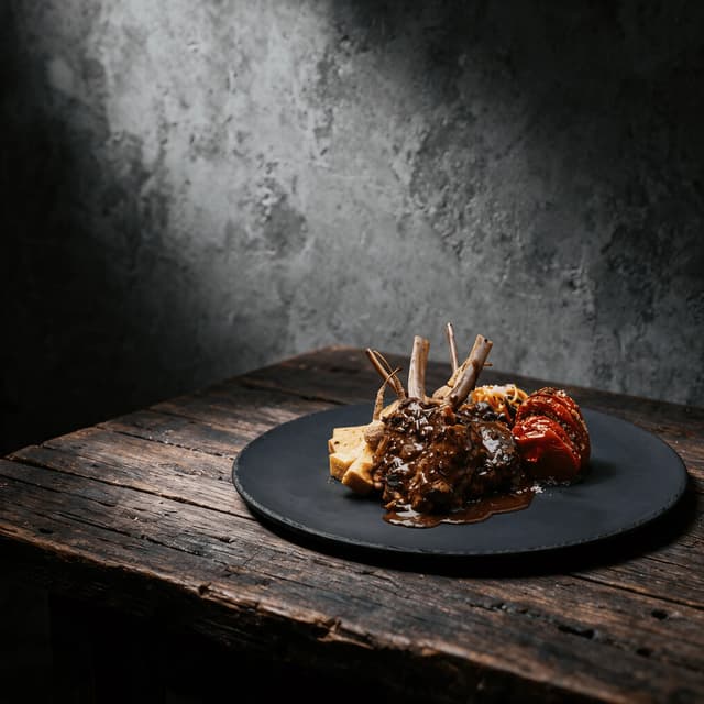 Herb crusted rack of lamb cutlets with red wine jus and potato puree plated on a dark stoneware plate