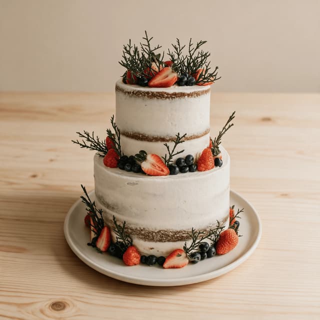 Three tier semi naked wedding cake with buttercream fresh berries and figs on a wooden cake stand