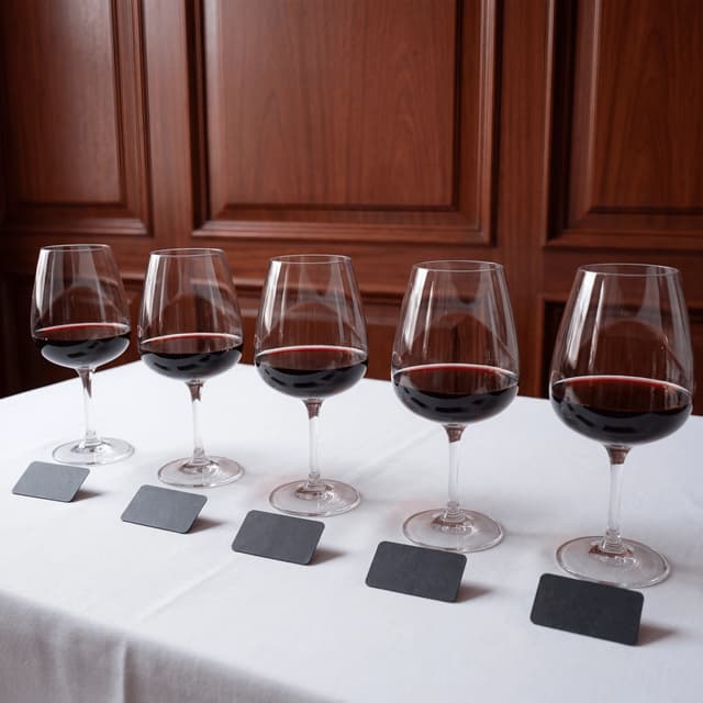 Bordeaux Left Bank horizontal tasting flight with five classified-growth glasses on linen runner — wine flight photography