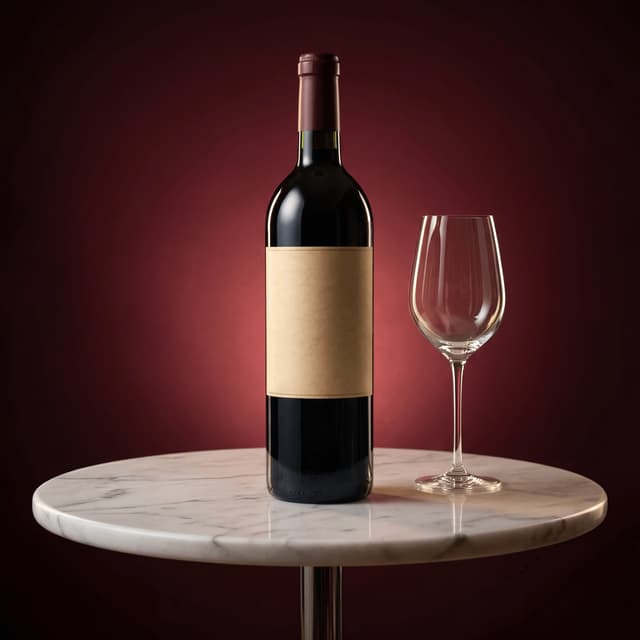 Super Tuscan red wine bottle portrait with engraved star-emblem label on walnut pedestal — Italian fine wine photography