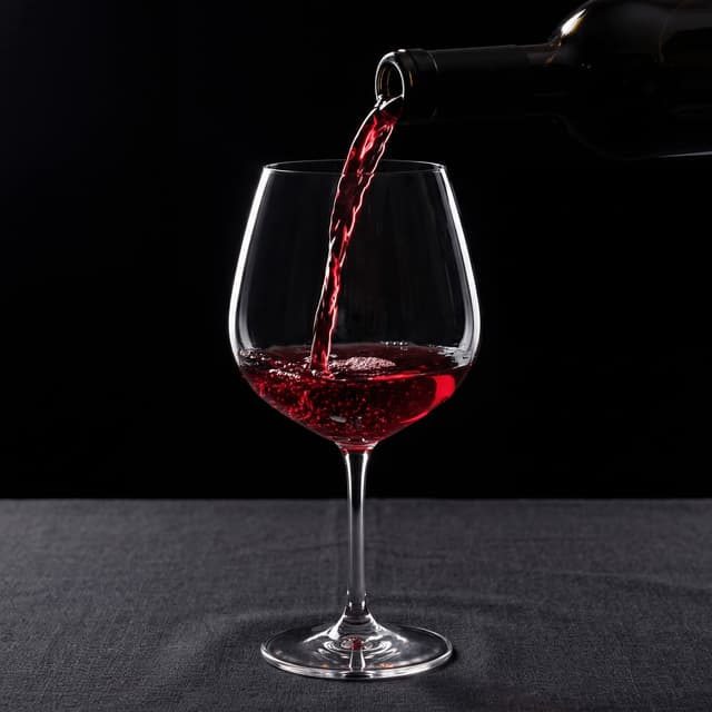 Burgundy Pinot Noir mid-pour into hand-blown crystal Burgundy glass with backlit ruby translucency — French wine photography