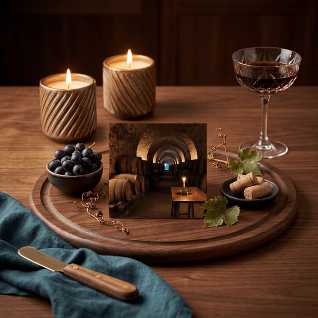 Vaulted Burgundian stone cellar with oak barriques and candlelit amber warmth — French wine cellar photography