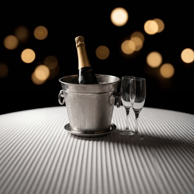 Vintage Champagne bottle chilling in pewter ice bucket with paired crystal flutes — French sparkling wine photography