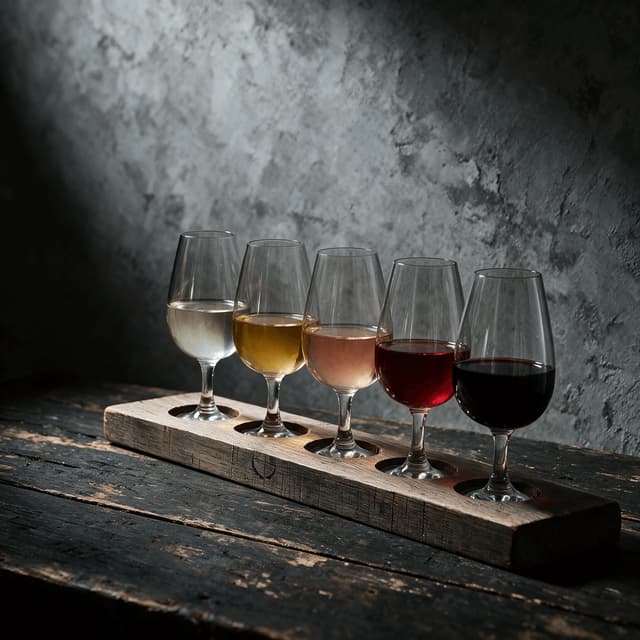 Flight of five stemmed glasses of white, rose and red wine standing in a wooden flight board on a dark wood counter
