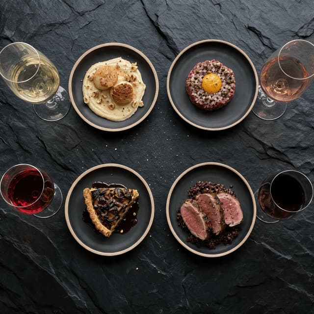 Four small food and wine pairing plates arranged with matching glasses shot from directly overhead on a dark slate surface
