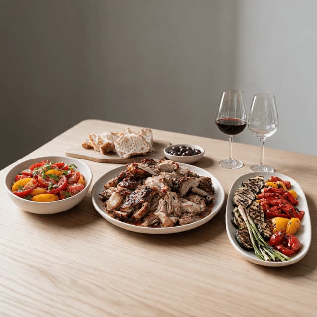 Sharing platters of carved roast meat, grilled vegetables and tomato salad with torn bread, olives and two wine glasses on a pale oak table