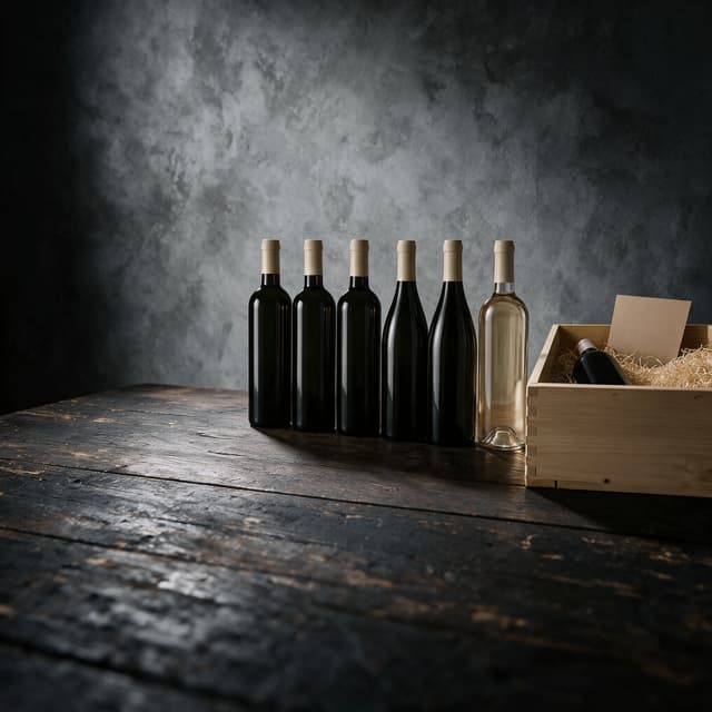 Row of six unlabelled dark glass wine bottles standing beside an open wooden shipping crate lined with straw on a dark wood surface
