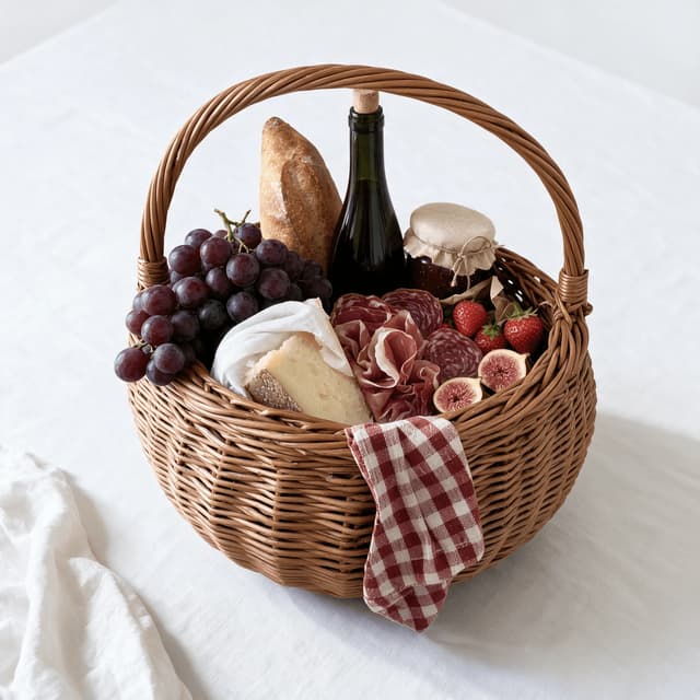 Wicker picnic basket packed with a baguette, an unlabelled wine bottle, cheese, cured meats, grapes, figs and a checked cloth on a clean white surface