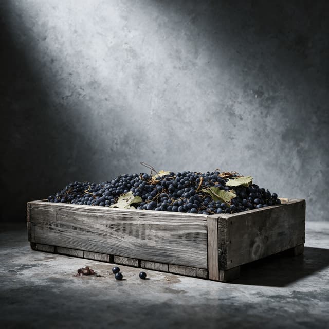 A single weathered timber picking crate heaped with bloomed dark wine grapes, dry vine leaves and spilled berries on a grey concrete crush pad