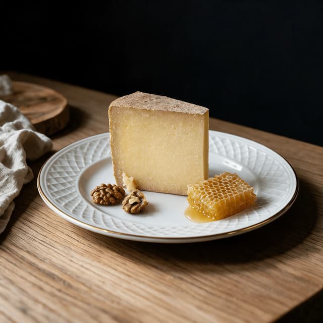 Wedge of aged alpine cheese with a piece of raw honeycomb and two walnut halves on a white rimmed plate on a light oak table