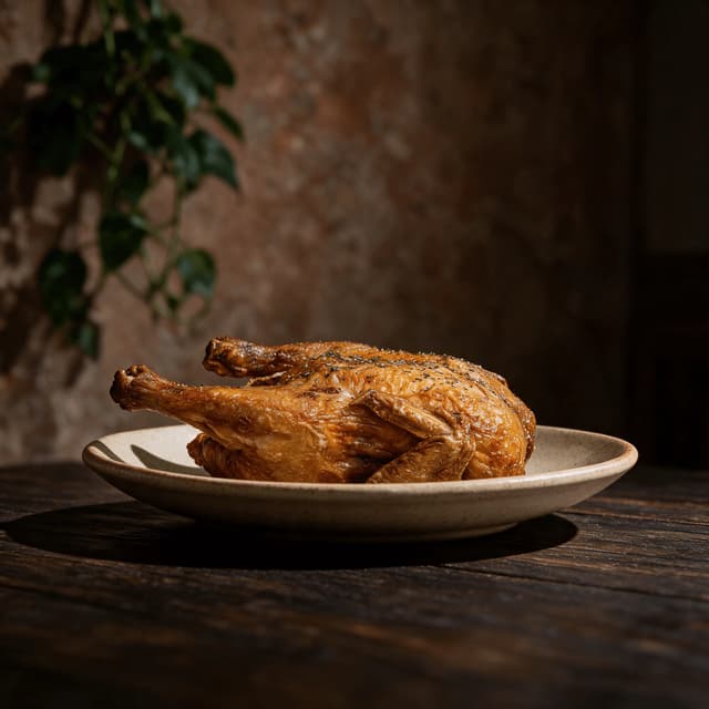 Whole roasted herb chicken with burnished golden skin on a pale rimmed plate on a dark wood table under warm low light