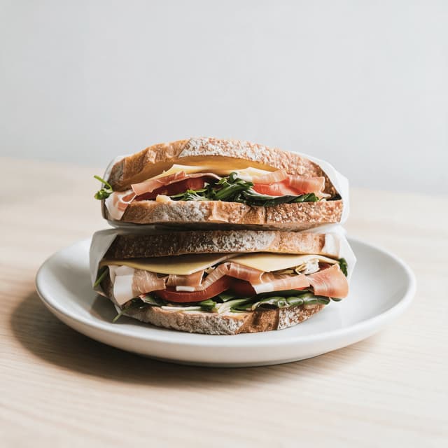 Crusty sourdough sandwich with prosciutto, cheese, tomato and rocket, cut and stacked in two halves on a white plate on a pale wood table