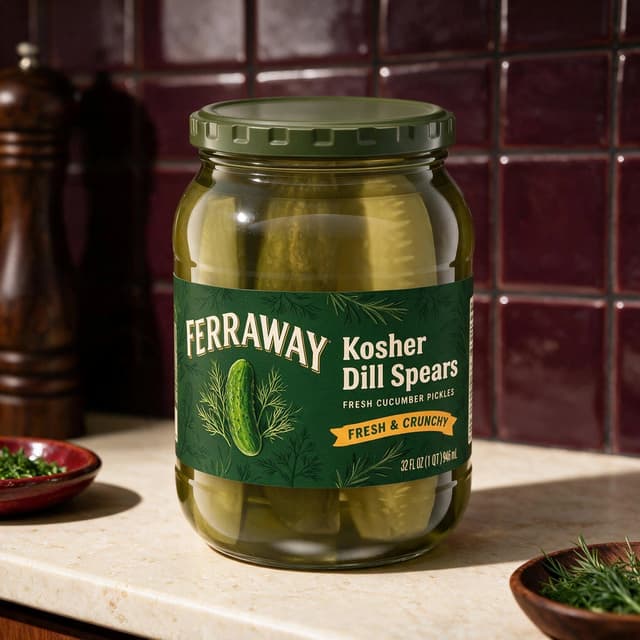Pickle jar close-up in a warm burgundy kitchen with soft bokeh — editorial packaged food photography