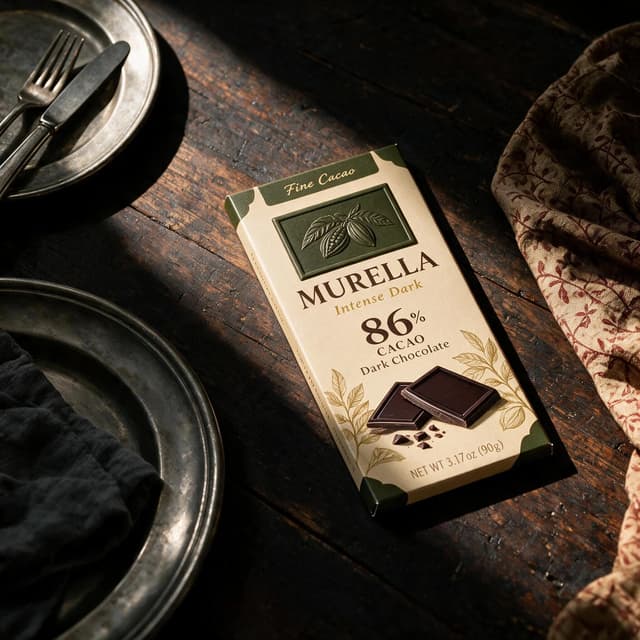 Dark chocolate bar in a moody chiaroscuro still life with pewter plates — premium food photography