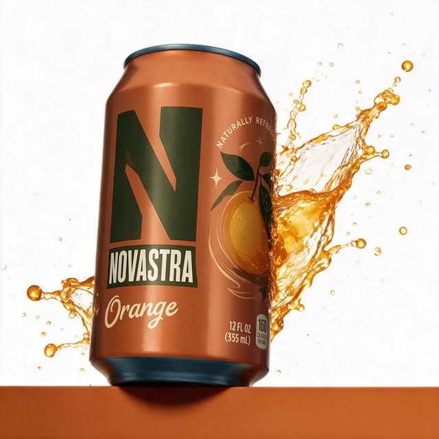 Orange soda can with dynamic juice splash on white studio background — AI beverage product photography