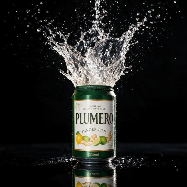 Sparkling lemonade can with a frozen splash crown against a dark backdrop — motion beverage photography