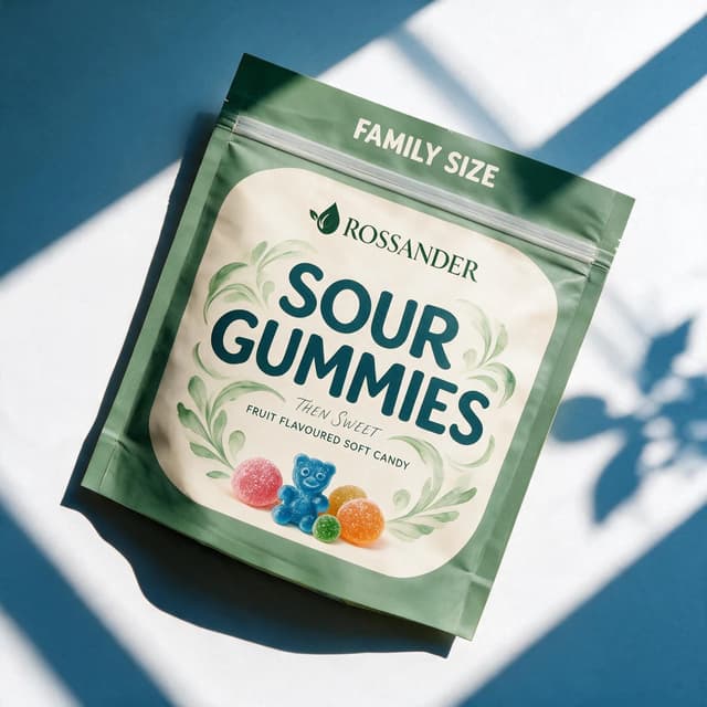 Candy bag under direct sunlight with sharp window shadows — hard-light snack photography