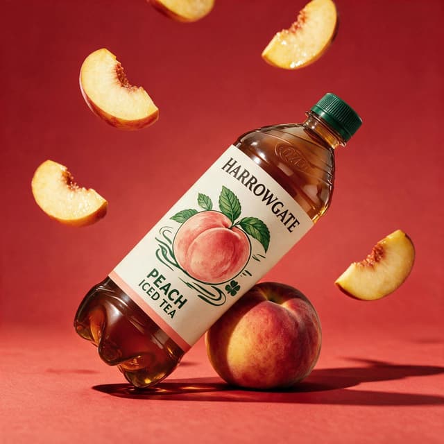 Peach iced tea bottle with fresh peach slices bursting around it — flavor-driven drink photography