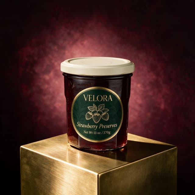 Jam jar on a brass plinth against burgundy seamless — premium e-commerce product photography