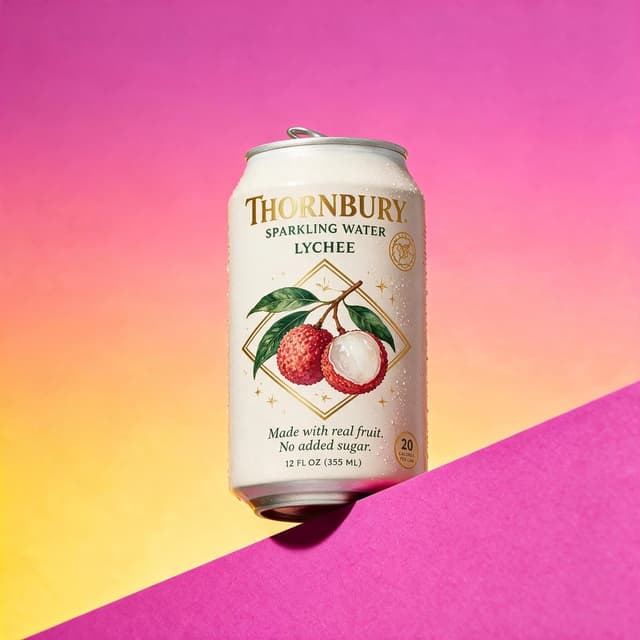 Canned beverage on a bold gradient color-block backdrop — editorial drink product photography