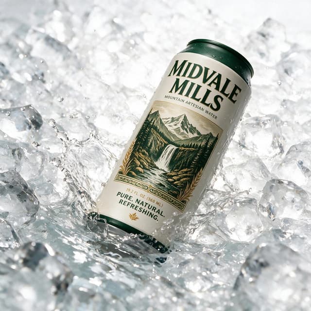 Canned water crashing into crushed ice with splash — high-key beverage product photography
