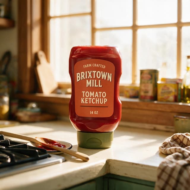 Ketchup bottle on a warm kitchen counter with window light — DTC lifestyle product photography