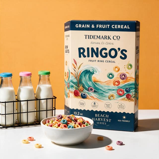 Cereal box with milk bottle crate and filled bowl on marigold backdrop — breakfast product photography