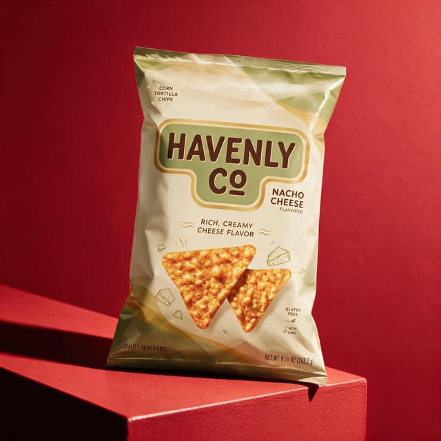 Chips bag on a monochrome red backdrop matched to the packaging — bold color product photography